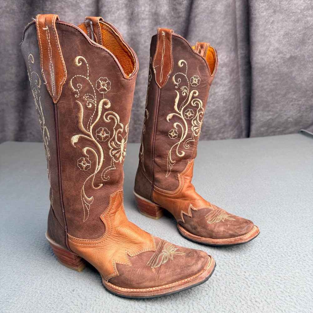 Lucie Dobie Vida Brown Leather Embroidered Western Cowboy Boots Womens 6.5